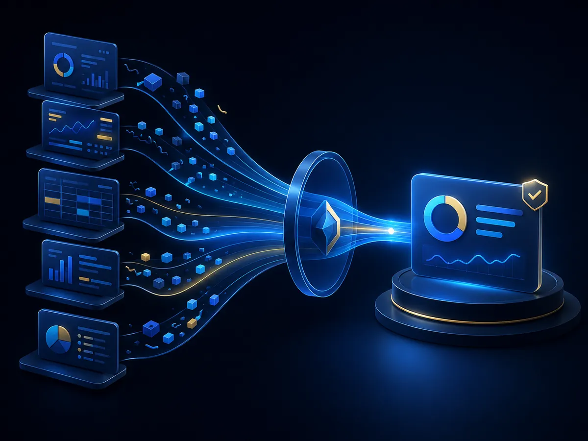 Multiple metric definitions converging into one governed analytics definition layer