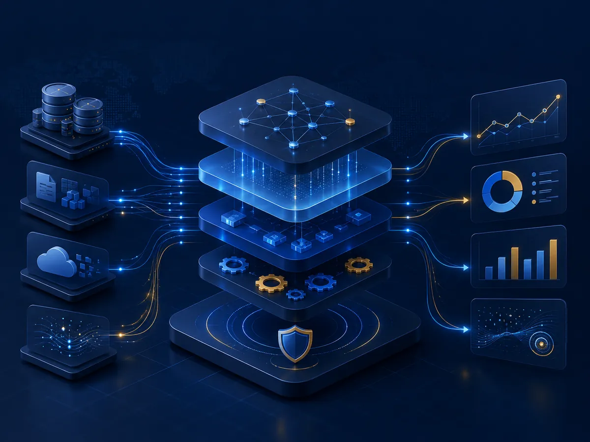 Modern Parallax Data Lab illustration showing fragmented analytics signals becoming a clear decision system