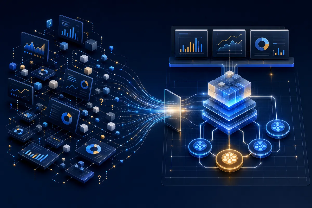 Abstract analytics trust map with fragmented data signals becoming organized