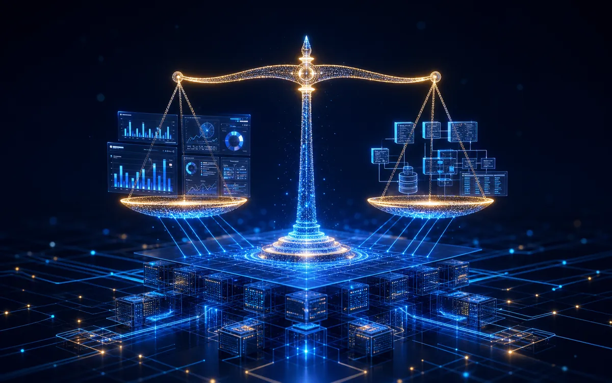 Balanced analytics structure connecting dashboards and decisions