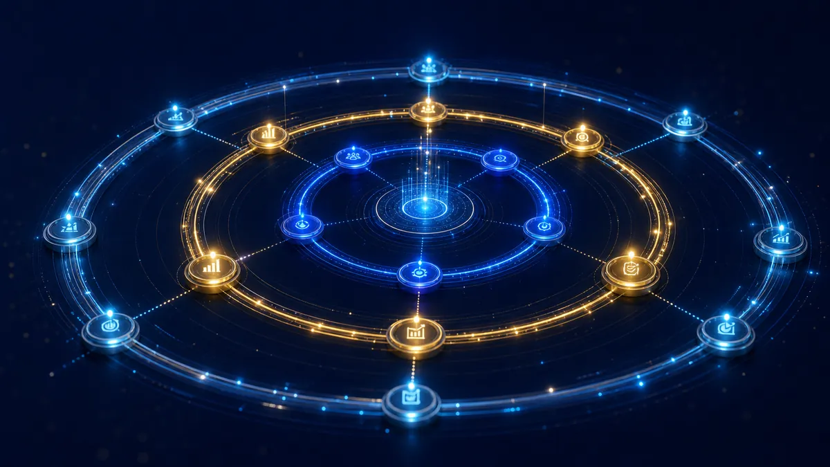 Abstract weekly monthly quarterly cadence rings connected to action checkpoints