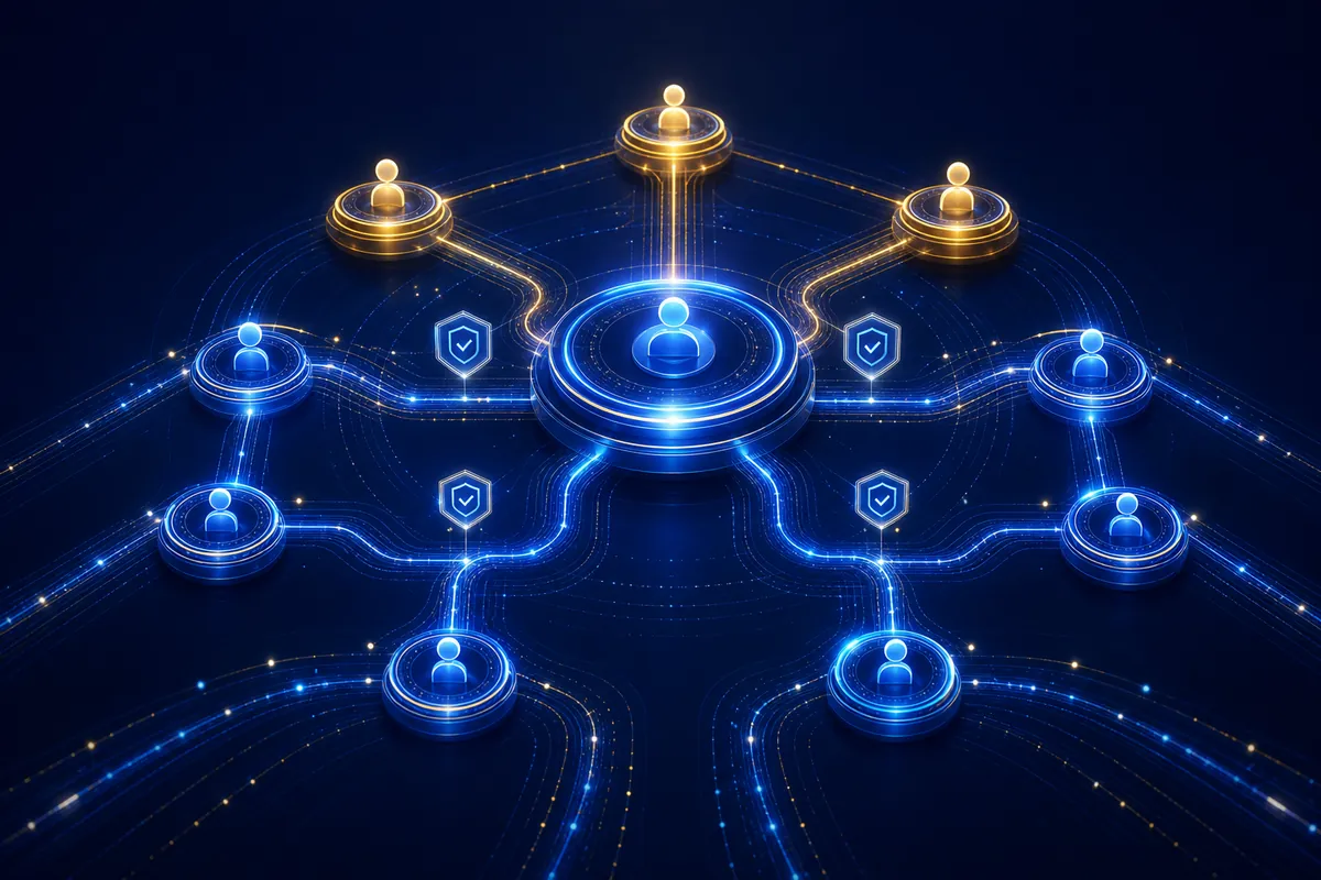 Abstract ownership hub with escalation branches and accountability checkpoints
