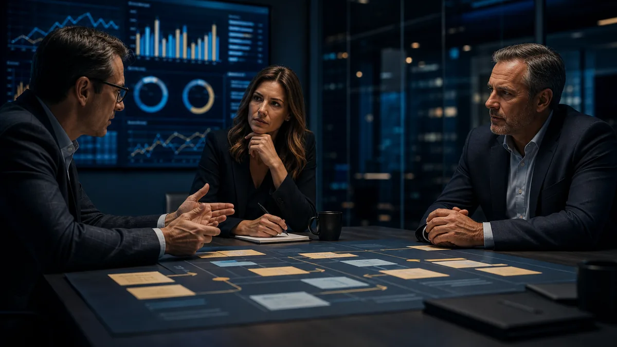 Leadership decision system sitting beneath a dashboard interface
