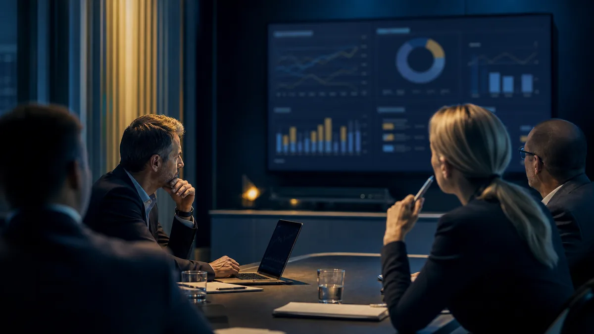 Layered executive dashboard signals splitting into competing metric paths