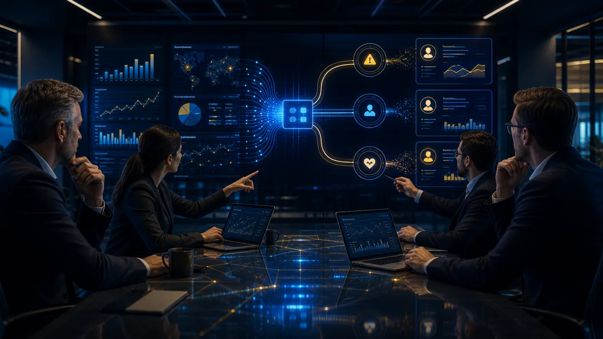 Predictive risk intelligence system connecting dashboards, alerts, customer signals, and executive action