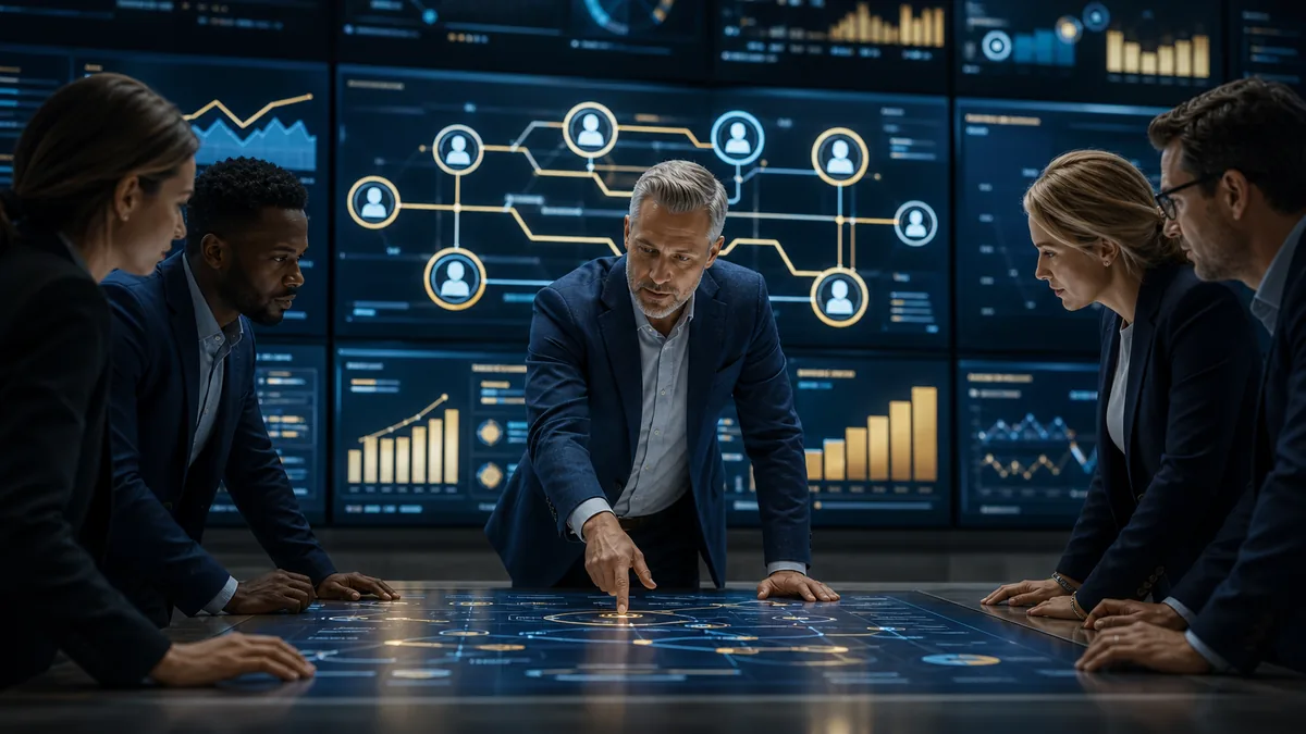 Executive dashboard linking KPI movement to owners, actions, and follow-up cadence
