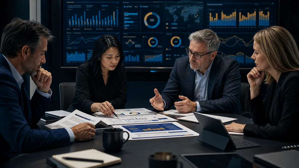 Weekly business review dashboard structured around decisions, risks, and accountable owners
